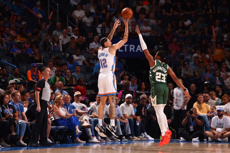 OKLAHOMA CITY, OK - APRIL 12: Lindy Waters III #12 of the Oklahoma City Thunder shoots the ball during the game against the Milwaukee Bucks on April 12, 2024 at Paycom Arena in Oklahoma City, Oklahoma. NOTE TO USER: User expressly acknowledges and agrees that, by downloading and or using this photograph, User is consenting to the terms and conditions of the Getty Images License Agreement. Mandatory Copyright Notice: Copyright 2024 NBAE (Photo by Zach Beeker/NBAE via Getty Images)