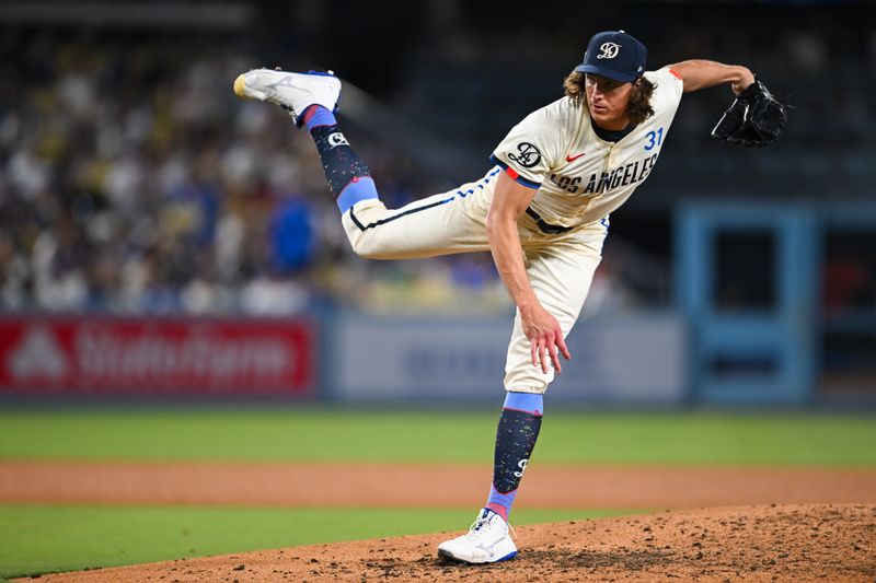 Jun 22, 2024; Los Angeles, California, USA; Los Angeles Dodgers pitcher Tyler Glasnow (31) throws against the Los Angeles Angels during the sixth inning at Dodger Stadium. Mandatory Credit: Jonathan Hui-USA TODAY Sports