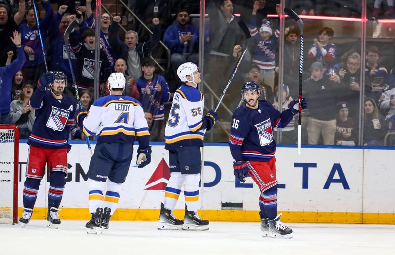 Mar 9, 2024; New York, New York, USA: New York Rangers center Vincent Trocheck (16) celebrates his goal against the St. Louis Blues during the first period at Madison Square Garden. Mandatory Credit: Danny Wild-USA TODAY Sports