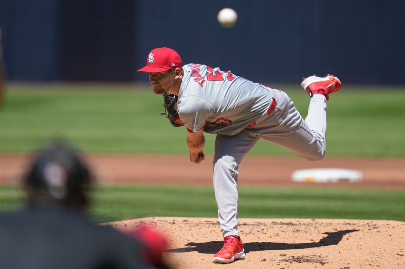 Apr 3, 2024; San Diego, California, USA; St. Louis Cardinals starting pitcher Zack Thompson (57) throws a pitch against the San Diego Padres during the first inning at Petco Park. Mandatory Credit: Ray Acevedo-USA TODAY Sports