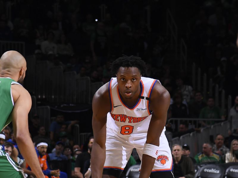 BOSTON, MA - MAY 7: OG Anunoby #8 of the New York Knicks handles the ball during the game against the Boston Celtics during Round 2 Game 2 on May 7, 2025 at TD Garden in Boston, Massachusetts. NOTE TO USER: User expressly acknowledges and agrees that, by downloading and/or using this Photograph, user is consenting to the terms and conditions of the Getty Images License Agreement. Mandatory Copyright Notice: Copyright 2025 NBAE (Photo by Brian Babineau/NBAE via Getty Images)