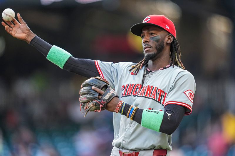 Sep 9, 2024; Cumberland, Georgia, USA; Cincinnati Reds shortstop Elly De La Cruz (44) shown warming up on the field prior to the game against the Atlanta Braves at Truist Park. Mandatory Credit: Dale Zanine-Imagn Images