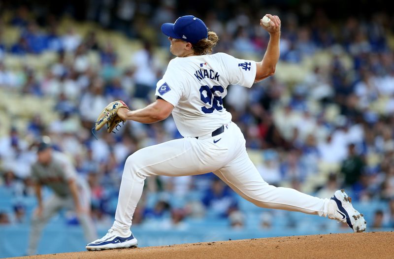 Jul 23, 2024; Los Angeles, California, USA; Los Angeles Dodgers pitcher Landon Knack (96) throws during the first inning at Dodger Stadium. Mandatory Credit: Jason Parkhurst-USA TODAY Sports