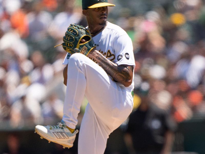 Aug 6, 2023; Oakland, California, USA;  Oakland Athletics starting pitcher Luis Medina (46) pitches during the first inning against the San Francisco Giants at Oakland-Alameda County Coliseum. Mandatory Credit: Stan Szeto-USA TODAY Sports