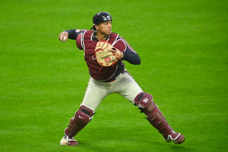 May 17, 2024; Cleveland, Ohio, USA; Cleveland Guardians catcher Bo Naylor (23) throws to first base in the sixth inning against the Minnesota Twins at Progressive Field. Mandatory Credit: David Richard-USA TODAY Sports