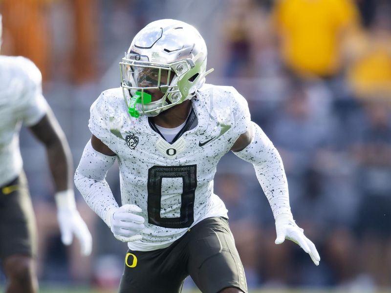 Nov 18, 2023; Tempe, Arizona, USA; Oregon Ducks defensive back Tysheem Johnson (0) against the Arizona State Sun Devils at Mountain America Stadium. Mandatory Credit: Mark J. Rebilas-USA TODAY Sports