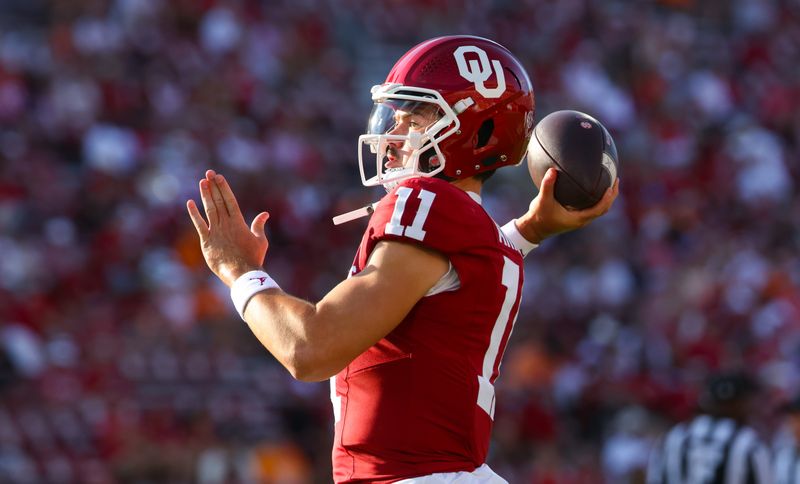 Sep 21, 2024; Norman, Oklahoma, USA;  Oklahoma Sooners quarterback Jackson Arnold (11) warms up before the game against the Tennessee Volunteers at Gaylord Family-Oklahoma Memorial Stadium. Mandatory Credit: Kevin Jairaj-Imagn Images