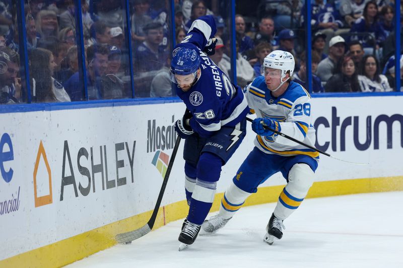 Dec 22, 2025; Tampa, Florida, USA; Tampa Bay Lightning center Zemgus Girgensons (28) and St. Louis Blues center Otto Stenberg (28) battle for the puck in the second period at Benchmark International Arena. Mandatory Credit: Nathan Ray Seebeck-Imagn Images