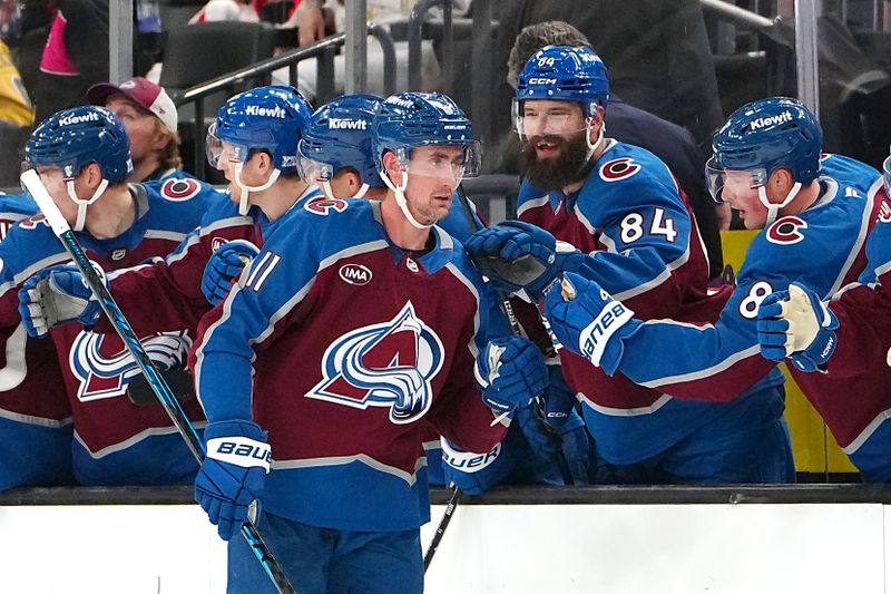 Oct 31, 2025; Las Vegas, Nevada, USA; Colorado Avalanche center Brock Nelson (11) celebrates after scoring a goal against the Vegas Golden Knights during the second period at T-Mobile Arena. Mandatory Credit: Stephen R. Sylvanie-Imagn Images