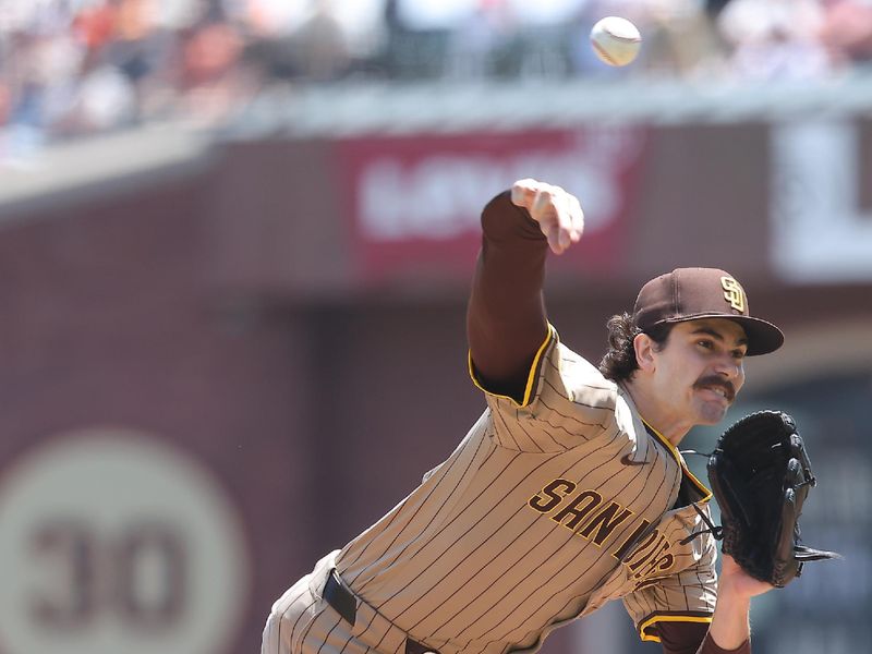 Jun 5, 2025; San Francisco, California, USA; San Diego Padres starting pitcher Dylan Cease (84) pitches the ball against the San Francisco Giants during the first inning at Oracle Park. Mandatory Credit: Kelley L Cox-Imagn Images