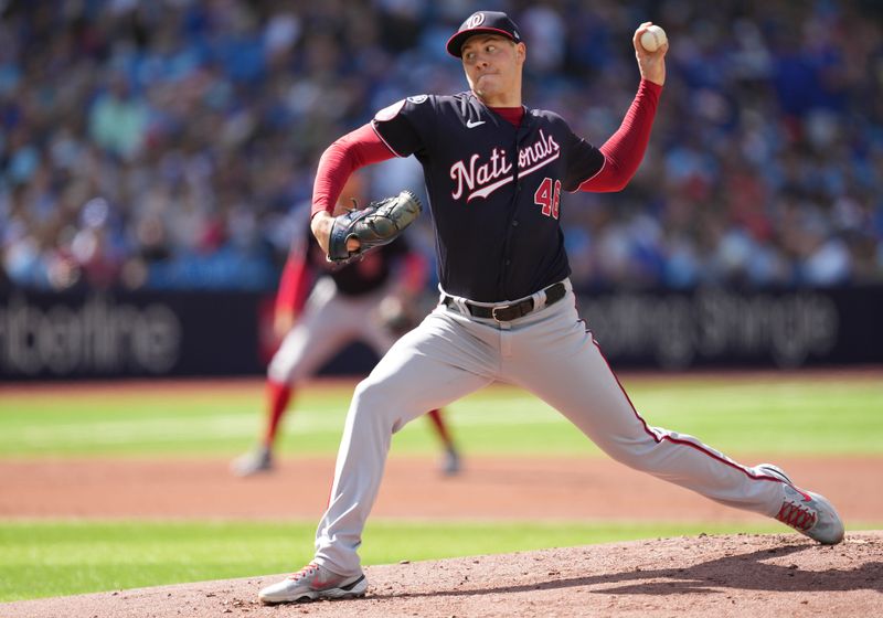 Aug 30, 2023; Toronto, Ontario, CAN; Washington Nationals starting pitcher Patrick Corbin (46) throws a pitch against the Toronto Blue Jays during the first inning at Rogers Centre. Mandatory Credit: Nick Turchiaro-USA TODAY Sports