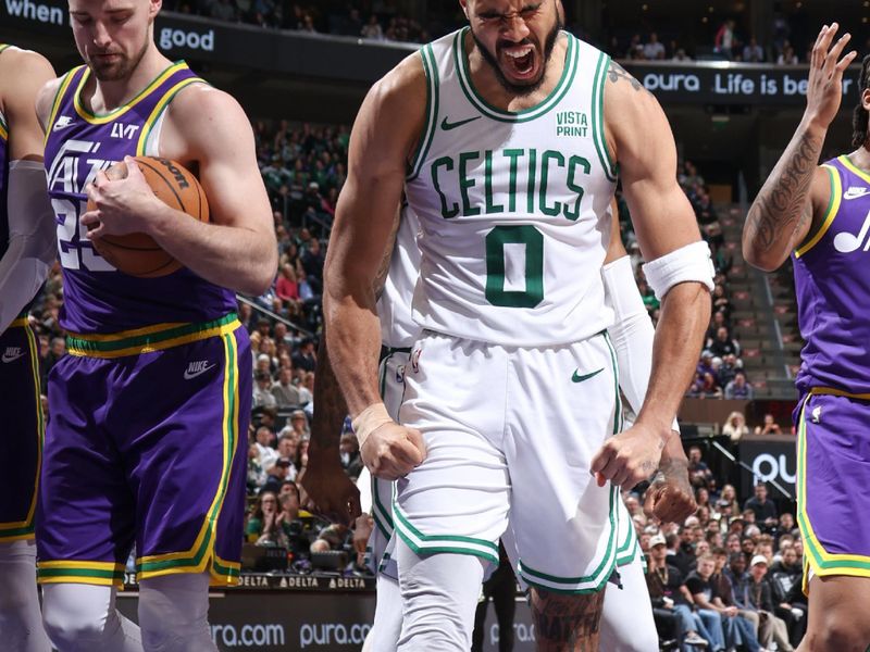 SALT LAKE CITY, UT - MARCH 12:  Jayson Tatum #0 of the Boston Celtics celebrates during the game on March 12, 2024 at Delta Center in Salt Lake City, Utah. NOTE TO USER: User expressly acknowledges and agrees that, by downloading and or using this Photograph, User is consenting to the terms and conditions of the Getty Images License Agreement. Mandatory Copyright Notice: Copyright 2024 NBAE (Photo by Melissa Majchrzak/NBAE via Getty Images)