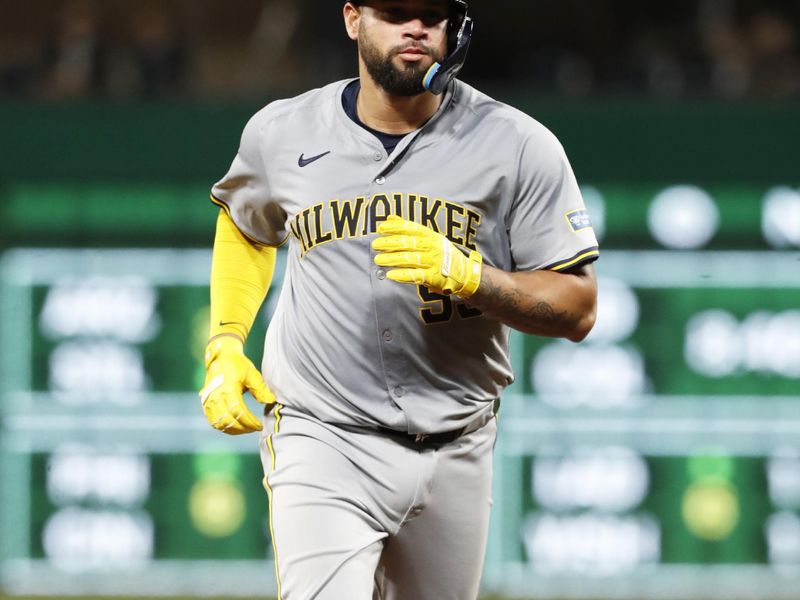 Apr 23, 2024; Pittsburgh, Pennsylvania, USA;  Milwaukee Brewers catcher Gary Sánchez (99) circles the bases on a solo home run against the Pittsburgh Pirates during the eighth inning at PNC Park. Mandatory Credit: Charles LeClaire-USA TODAY Sports