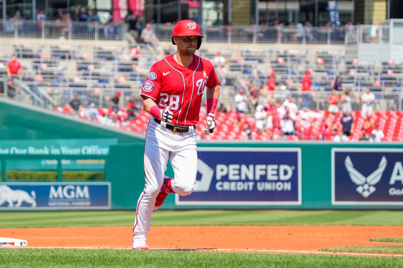 Sep 3, 2023; Washington, District of Columbia, USA;  Washington Nationals right fielder Lane Thomas (28) rounds the bases after hitting a home run against the Miami Marlins during the first inning at Nationals Park. Mandatory Credit: Gregory Fisher-USA TODAY Sports