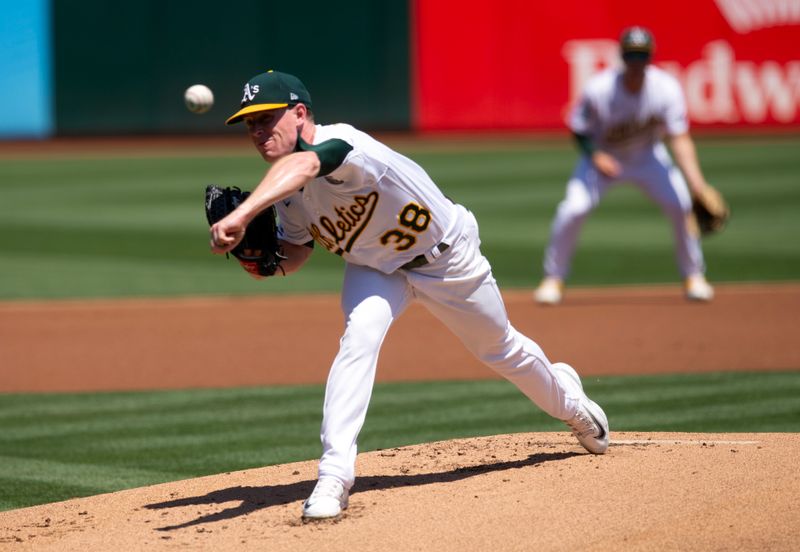 Aug 20, 2023; Oakland, California, USA; Oakland Athletics starting pitcher JP Sears (38) delivers a pitch against the Baltimore Orioles during the first inning at Oakland-Alameda County Coliseum. Mandatory Credit: D. Ross Cameron-USA TODAY Sports