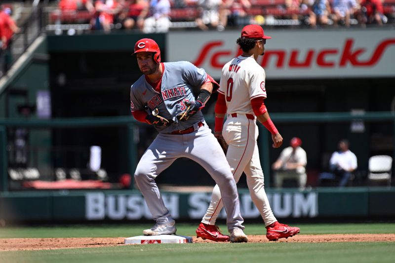 Jun 29, 2024; St. Louis, Missouri, USA;  Cincinnati Reds catcher Austin Wynns (35) gestures to the dugout after hitting a double against the St. Louis Cardinals during the third inning at Busch Stadium. Mandatory Credit: Jeff Le-USA TODAY Sports