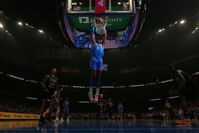 OKLAHOMA CITY, OK - MARCH 20:  Jalen Williams #8 of the Oklahoma City Thunder dunks the ball during the game against the Utah Jazz on March 20, 2024 at Paycom Arena in Oklahoma City, Oklahoma. NOTE TO USER: User expressly acknowledges and agrees that, by downloading and or using this photograph, User is consenting to the terms and conditions of the Getty Images License Agreement. Mandatory Copyright Notice: Copyright 2024 NBAE (Photo by Zach Beeker/NBAE via Getty Images)