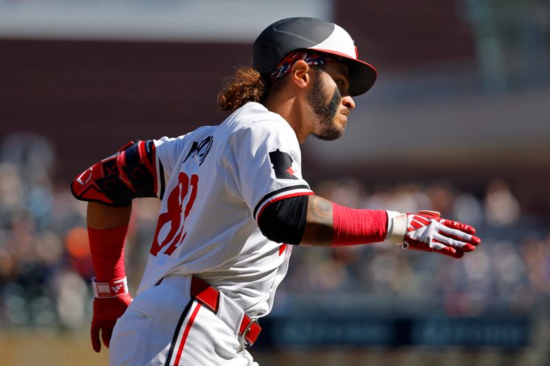 Apr 21, 2024; Minneapolis, Minnesota, USA; Minnesota Twins left fielder Austin Martin (82) runs the bases on his solo home run against the Detroit Tigers in the ninth inning at Target Field. Mandatory Credit: Bruce Kluckhohn-USA TODAY Sports