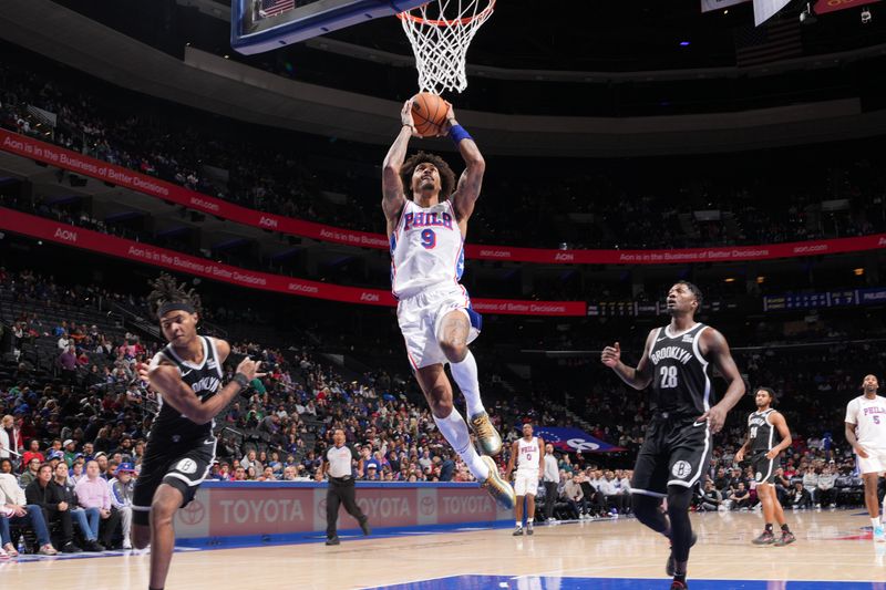 PHILADELPHIA, PA - OCTOBER 16: Kelly Oubre Jr. #9 of the Philadelphia 76ers drives to the basket during the game against the Brooklyn Nets during a NBA preseason game on October 16, 2024 at the Wells Fargo Center in Philadelphia, Pennsylvania NOTE TO USER: User expressly acknowledges and agrees that, by downloading and/or using this Photograph, user is consenting to the terms and conditions of the Getty Images License Agreement. Mandatory Copyright Notice: Copyright 2024 NBAE (Photo by Jesse D. Garrabrant/NBAE via Getty Images)