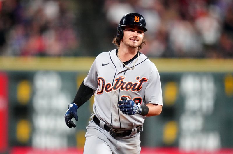 Jul 1, 2023; Denver, Colorado, USA; Detroit Tigers left fielder Zach McKinstry (39) celebrates his three run home run in the tenth inning against the Colorado Rockies at Coors Field. Mandatory Credit: Ron Chenoy-USA TODAY Sports