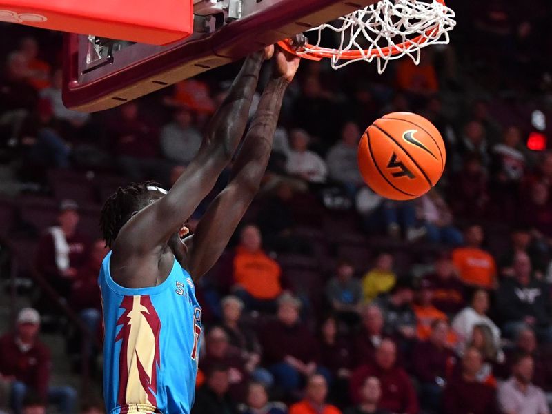 Feb 13, 2024; Blacksburg, Virginia, USA; Florida State Seminoles forward Taylor Bol Bowen (10) dunks the ball during the first half at Cassell Coliseum. Mandatory Credit: Brian Bishop-USA TODAY Sports