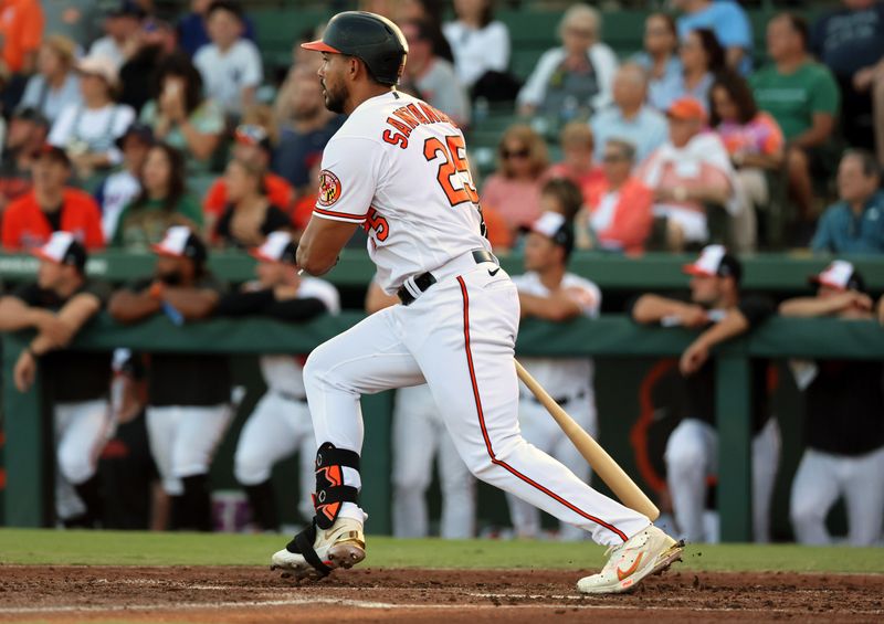 Mar 24, 2023; Sarasota, Florida, USA;  Baltimore Orioles infielder Anthony Santander (25) singles during the third inning against the New York Yankees at Ed Smith Stadium. Mandatory Credit: Kim Klement-USA TODAY Sports