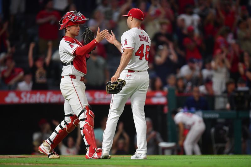 May 10, 2025; Anaheim, California, USA; Los Angeles Angels catcher Logan O'Hoppe (14) and pitcher Brock Burke (46) celebrate the victory against the Baltimore Orioles at Angel Stadium. Mandatory Credit: Gary A. Vasquez-Imagn Images