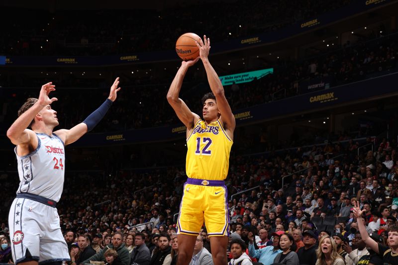 WASHINGTON, DC -? JANUARY 30:  Max Christie #12 of the Los Angeles Lakers shoots the ball during the game against the Washington Wizards on January 30, 2025 at Capital One Arena in Washington, DC. NOTE TO USER: User expressly acknowledges and agrees that, by downloading and or using this Photograph, user is consenting to the terms and conditions of the Getty Images License Agreement. Mandatory Copyright Notice: Copyright 2025 NBAE (Photo by Stephen Gosling/NBAE via Getty Images)