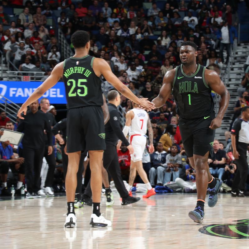 NEW ORLEANS, LA - MARCH 15: Zion Williamson #1 of the New Orleans Pelicans celebrates with Trey Murphy III #25 during the game against the LA Clippers on March 15, 2024 at the Smoothie King Center in New Orleans, Louisiana. NOTE TO USER: User expressly acknowledges and agrees that, by downloading and or using this Photograph, user is consenting to the terms and conditions of the Getty Images License Agreement. Mandatory Copyright Notice: Copyright 2024 NBAE (Photo by Layne Murdoch Jr./NBAE via Getty Images)