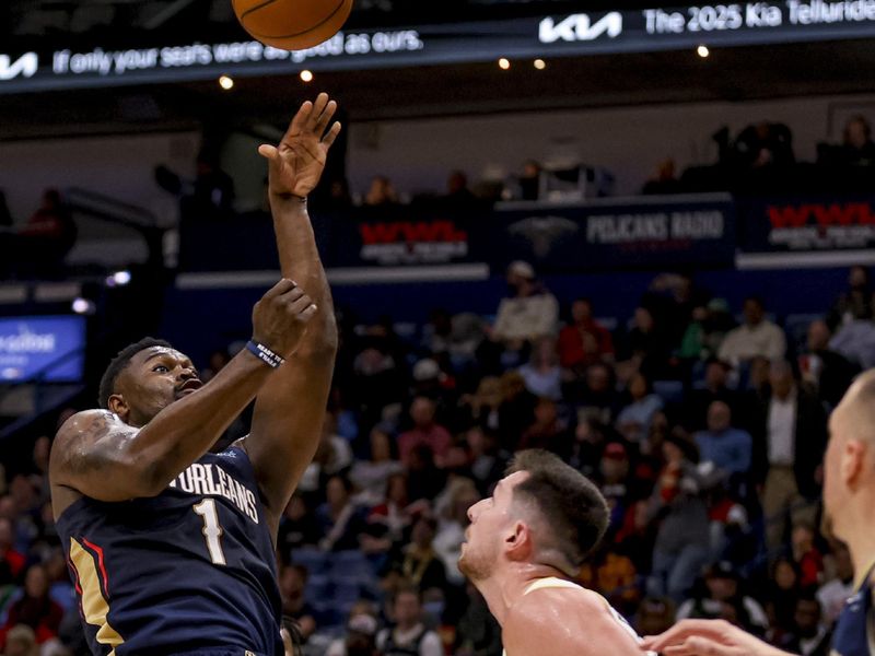 NEW ORLEANS, LOUISIANA - JANUARY 17: Zion Williamson #1 of the New Orleans Pelicans shoots over Drew Eubanks #15 of the Utah Jazz during the first half of a game at the Smoothie King Center on January 17, 2025 in New Orleans, Louisiana. NOTE TO USER: User expressly acknowledges and agrees that, by downloading and or using this photograph, User is consenting to the terms and conditions of the Getty Images License Agreement. (Photo by Derick E. Hingle/Getty Images)