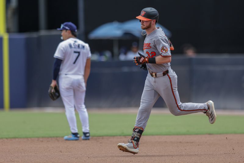 Jul 20, 2025; Tampa, Florida, USA; Baltimore Orioles first baseman Ryan O'Hearn (32) runs the bases after hitting a home run against the Tampa Bay Rays in the sixth inning at George M. Steinbrenner Field. Mandatory Credit: Nathan Ray Seebeck-Imagn Images