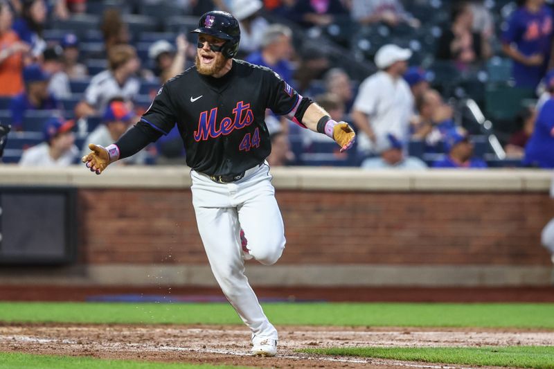 Jul 12, 2024; New York City, New York, USA;  New York Mets center fielder Harrison Bader (44) hits a two run home run in the fourth inning against the Colorado Rockies at Citi Field. Mandatory Credit: Wendell Cruz-USA TODAY Sports