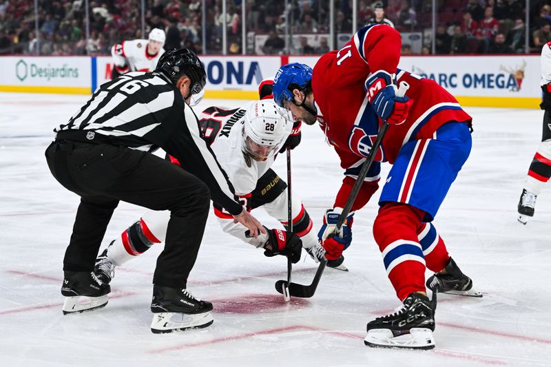 Oct 12, 2024; Montreal, Quebec, CAN; NHL linesman Michel Cormier (76) drops the puck at a face-off between Ottawa Senators right wing Claude Giroux (28) and Montreal Canadiens right wing Josh Anderson (17) during the second period at Bell Centre. Mandatory Credit: David Kirouac-Imagn Images