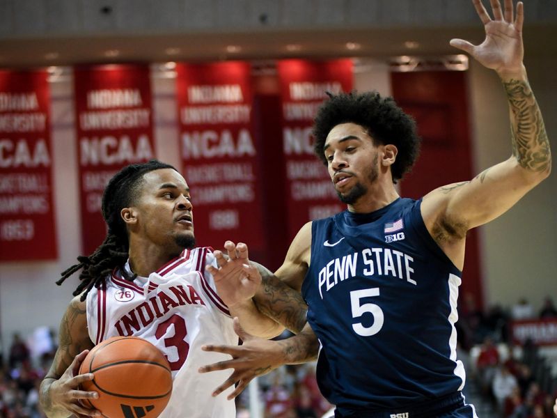 Dec 9, 2025; Bloomington, Indiana, USA; Indiana Hoosiers guard Lamar Wilkerson (3) goes to the basket against Penn State Nittany Lions guard Freddie Dilione V (5) during the first half at Simon Skjodt Assembly Hall. Mandatory Credit: Robert Goddin-Imagn Images