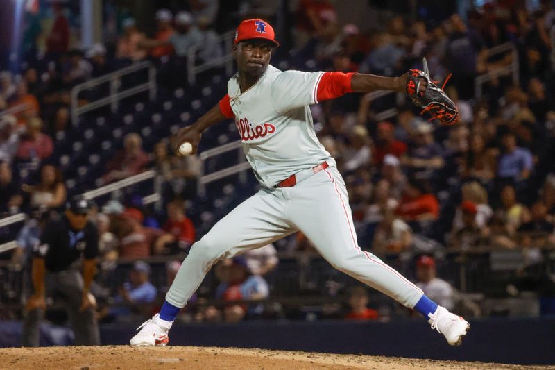 Mar 15, 2024; West Palm Beach, Florida, USA; Philadelphia Phillies relief pitcher Yunior Marte (43) throws a pitch during the ninth inning against the Philadelphia Phillies at The Ballpark of the Palm Beaches. Mandatory Credit: Reinhold Matay-USA TODAY Sports