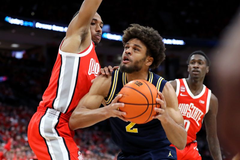 Mar 3, 2024; Columbus, Ohio, USA; Michigan Wolverines forward Tray Jackson (2) looks to score as Ohio State Buckeyes forward Zed Key (23) defends during the first half at Value City Arena. Mandatory Credit: Joseph Maiorana-USA TODAY Sports