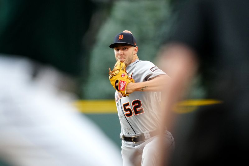 Jul 1, 2023; Denver, Colorado, USA; Detroit Tigers starting pitcher Brendan White (52) delivers a pitch in the first inning against the Colorado Rockies at Coors Field. Mandatory Credit: Ron Chenoy-USA TODAY Sports