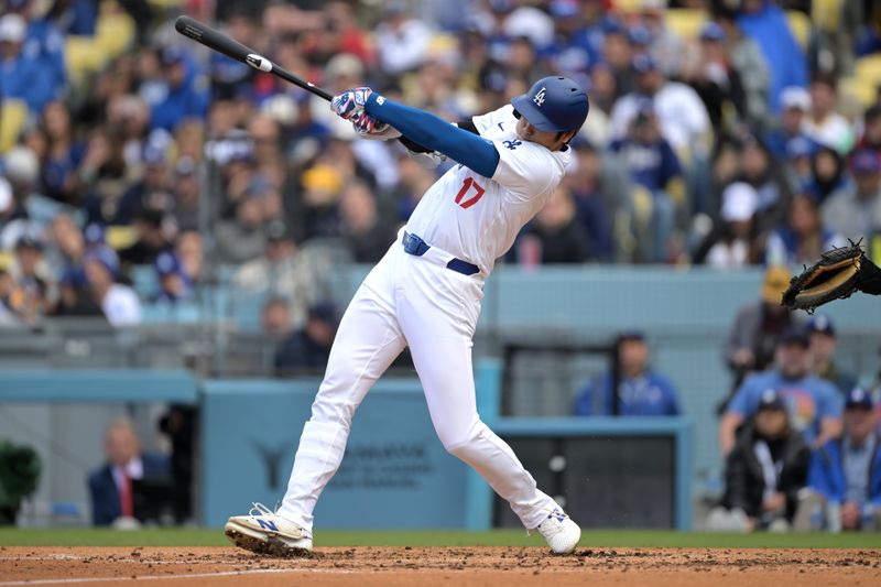 Apr 14, 2024; Los Angeles, California, USA; Los Angeles Dodgers designated hitter Shohei Ohtani (17) at bat in the third inning against the San Diego Padres at Dodger Stadium. Mandatory Credit: Jayne Kamin-Oncea-USA TODAY Sports