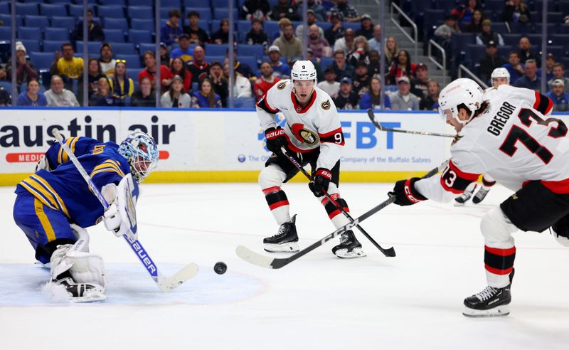 Nov 5, 2024; Buffalo, New York, USA;  Buffalo Sabres goaltender Ukko-Pekka Luukkonen (1) makes a save on Ottawa Senators left wing Noah Gregor (73) during the first period at KeyBank Center. Mandatory Credit: Timothy T. Ludwig-Imagn Images