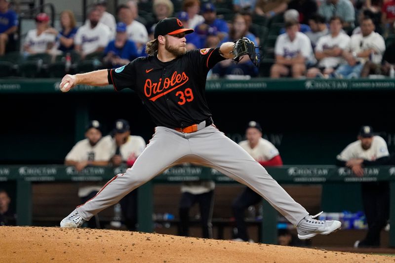 Jul 19, 2024; Arlington, Texas, USA; Baltimore Orioles pitcher Corbin Burnes (39) throws to the plate during the sixth inning against the Texas Rangers at Globe Life Field. Mandatory Credit: Raymond Carlin III-USA TODAY Sports