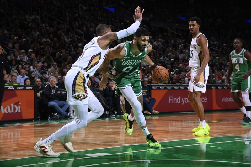 BOSTON, MA - JANUARY 12: Jayson Tatum #0 of the Boston Celtics drives to the basket during the game against the New Orleans Pelicans on January 12, 2025 at TD Garden in Boston, Massachusetts. NOTE TO USER: User expressly acknowledges and agrees that, by downloading and/or using this Photograph, user is consenting to the terms and conditions of the Getty Images License Agreement. Mandatory Copyright Notice: Copyright 2025 NBAE (Photo by Brian Babineau/NBAE via Getty Images)