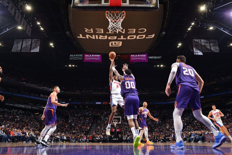 PHOENIX, AZ - FEBRUARY 14:  Ausar Thompson #9 of the Detroit Pistons drives to the basket during the game against the Phoenix Suns on February 14, 2024 at Footprint Center in Phoenix, Arizona. NOTE TO USER: User expressly acknowledges and agrees that, by downloading and or using this photograph, user is consenting to the terms and conditions of the Getty Images License Agreement. Mandatory Copyright Notice: Copyright 2024 NBAE (Photo by Barry Gossage/NBAE via Getty Images)