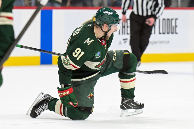 Mar 21, 2026; Saint Paul, Minnesota, USA;  Minnesota Wild forward Vladimir Tarasenko (91) celebrates his overtime game-winning goal against the Dallas Stars at Grand Casino Arena. Mandatory Credit: Nick Wosika-Imagn Images