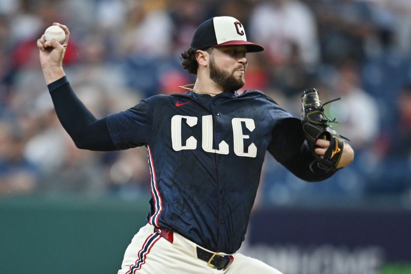 Sep 26, 2025; Cleveland, Ohio, USA; Cleveland Guardians starting pitcher Slade Cecconi (44) throws a pitch against the Texas Rangers during the first inning at Progressive Field. Mandatory Credit: Ken Blaze-Imagn Images