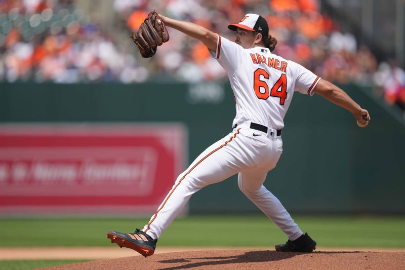 Jul 19, 2023; Baltimore, Maryland, USA; Baltimore Orioles pitcher Dean Kremer (64) delivers in the first inning against the Los Angeles Dodgers at Oriole Park at Camden Yards. Mandatory Credit: Mitch Stringer-USA TODAY Sports