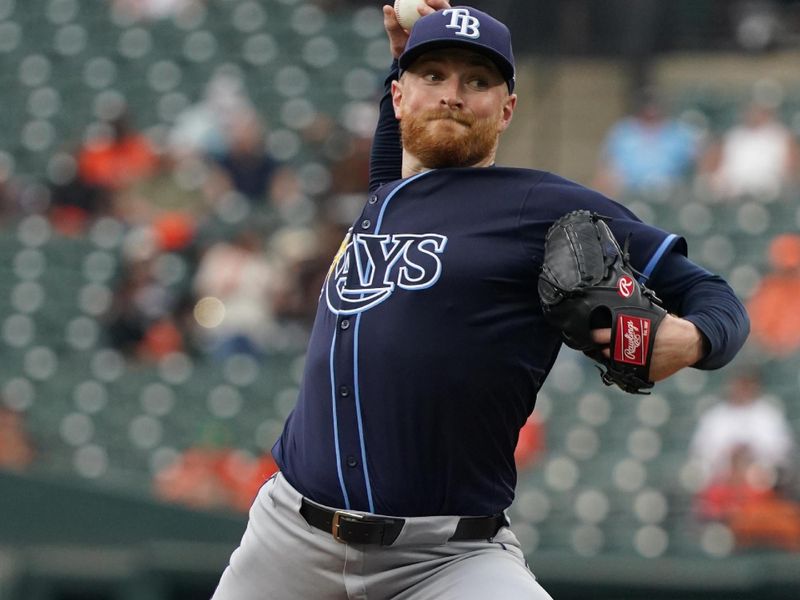 Sep 25, 2025; Baltimore, Maryland, USA; Tampa Bay Rays pitcher Drew Rasmussen (57) delivers in the first inning against the Baltimore Orioles at Oriole Park at Camden Yards. Mandatory Credit: Mitch Stringer-Imagn Images