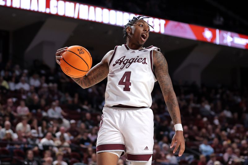 Dec 6, 2023; College Station, Texas, USA; Texas A&M Aggies guard Wade Taylor IV (4) pulls down a rebound against the DePaul Blue Demons during the second half at Reed Arena. Mandatory Credit: Erik Williams-USA TODAY Sports