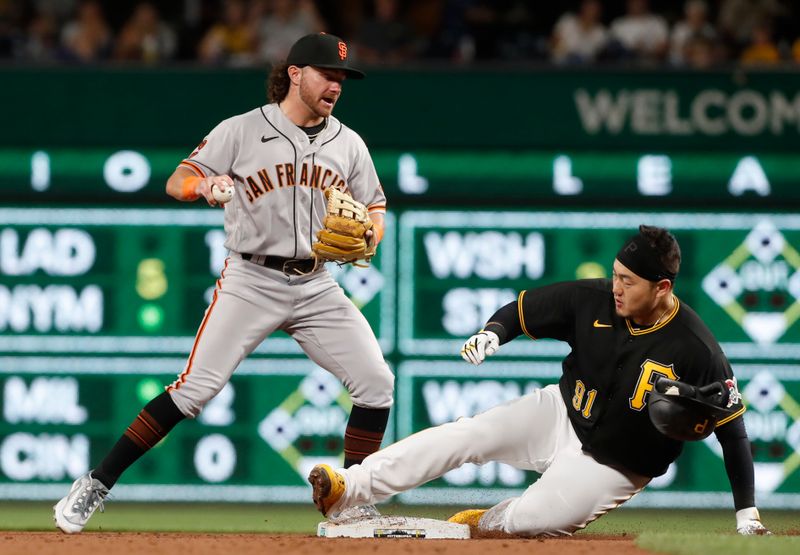 Jul 15, 2023; Pittsburgh, Pennsylvania, USA;  San Francisco Giants second baseman Brett Wisely (left) forces Pittsburgh Pirates designated hitter Ji Man Choi (91) out at second base during the sixth inning at PNC Park. Mandatory Credit: Charles LeClaire-USA TODAY Sports