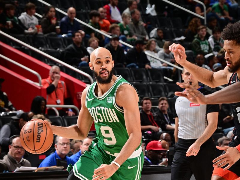 DETROIT, MI - MARCH 22: Derrick White #9 of the Boston Celtics dribbles the ball during the game against the Detroit Pistons on March 22, 2024 at Little Caesars Arena in Detroit, Michigan. NOTE TO USER: User expressly acknowledges and agrees that, by downloading and/or using this photograph, User is consenting to the terms and conditions of the Getty Images License Agreement. Mandatory Copyright Notice: Copyright 2024 NBAE (Photo by Chris Schwegler/NBAE via Getty Images)