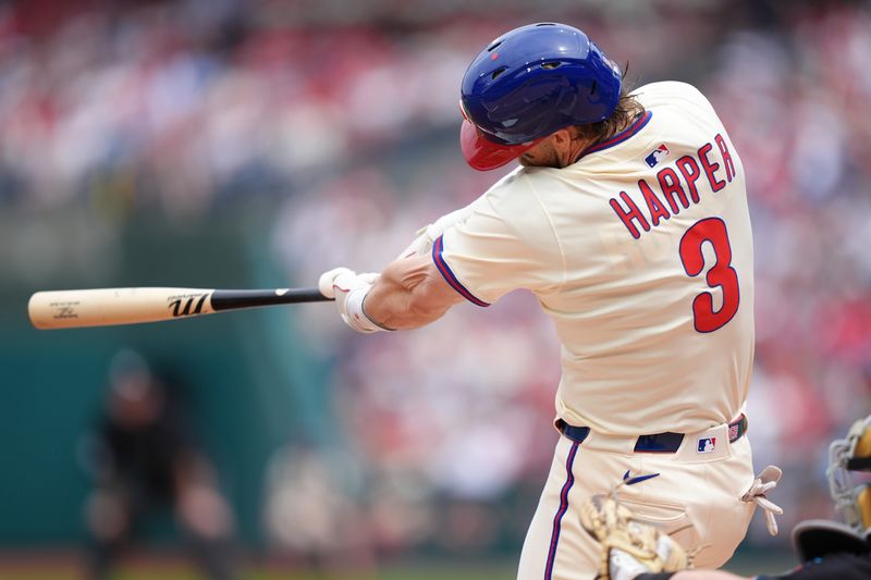 Apr 19, 2025; Philadelphia, Pennsylvania, USA; Philadelphia Phillies infielder Bryce Harper (3) bats against the Miami Marlins in the first inning at Citizens Bank Park. Mandatory Credit: Kyle Ross-Imagn Images